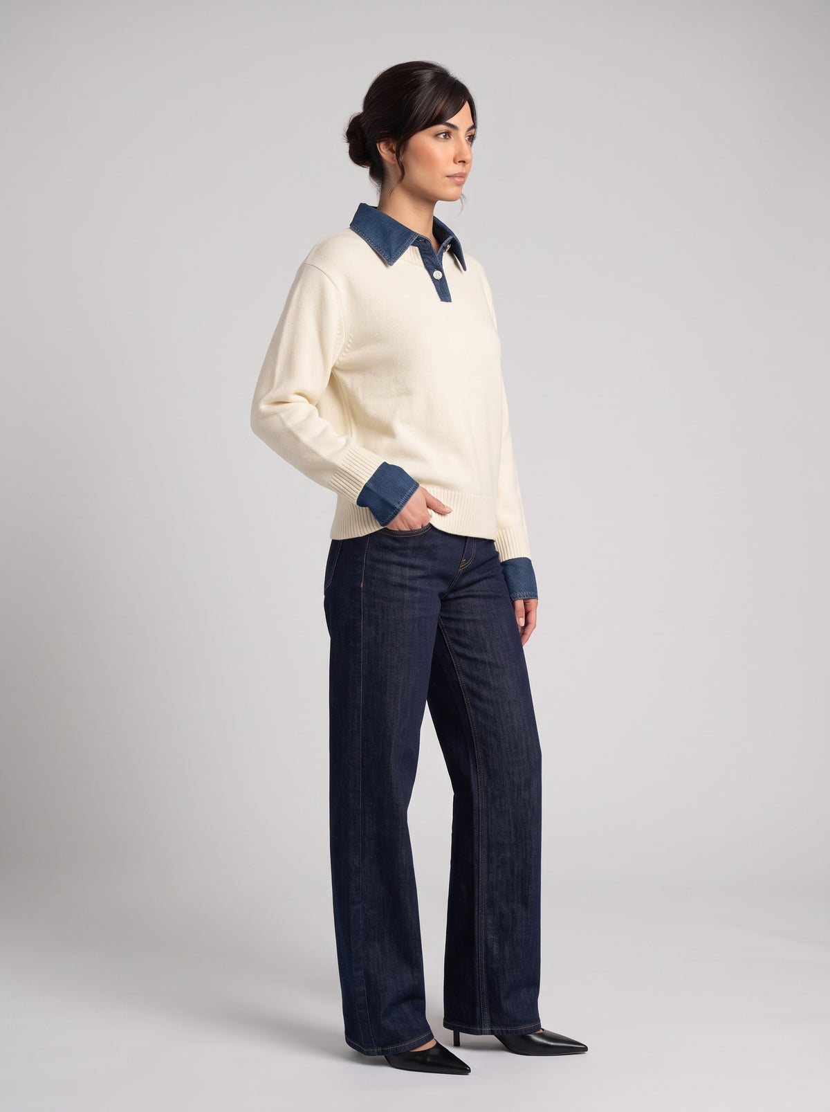 Pull en Maille à Col Polo & Détails Denim