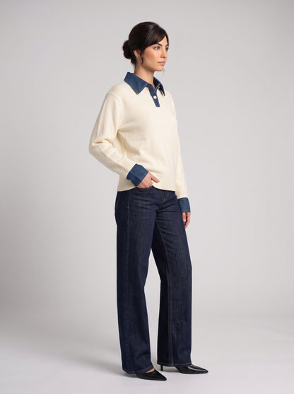 Pull en Maille à Col Polo & Détails Denim