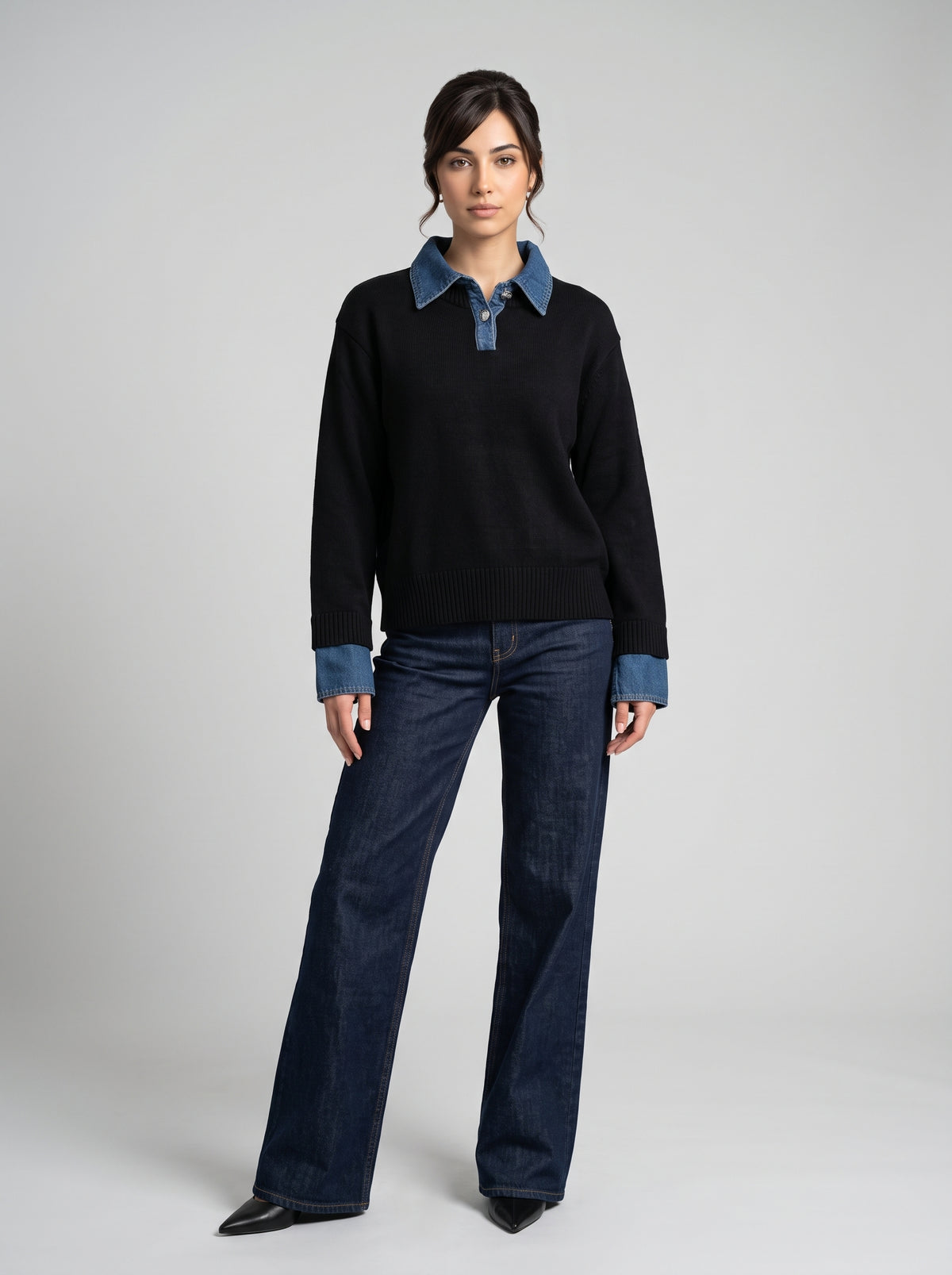 Pull en Maille à Col Polo & Détails Denim