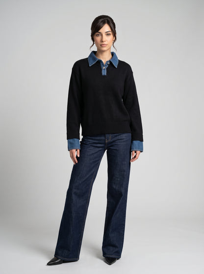 Pull en Maille à Col Polo & Détails Denim