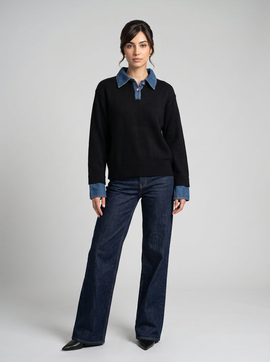 Pull en Maille à Col Polo & Détails Denim