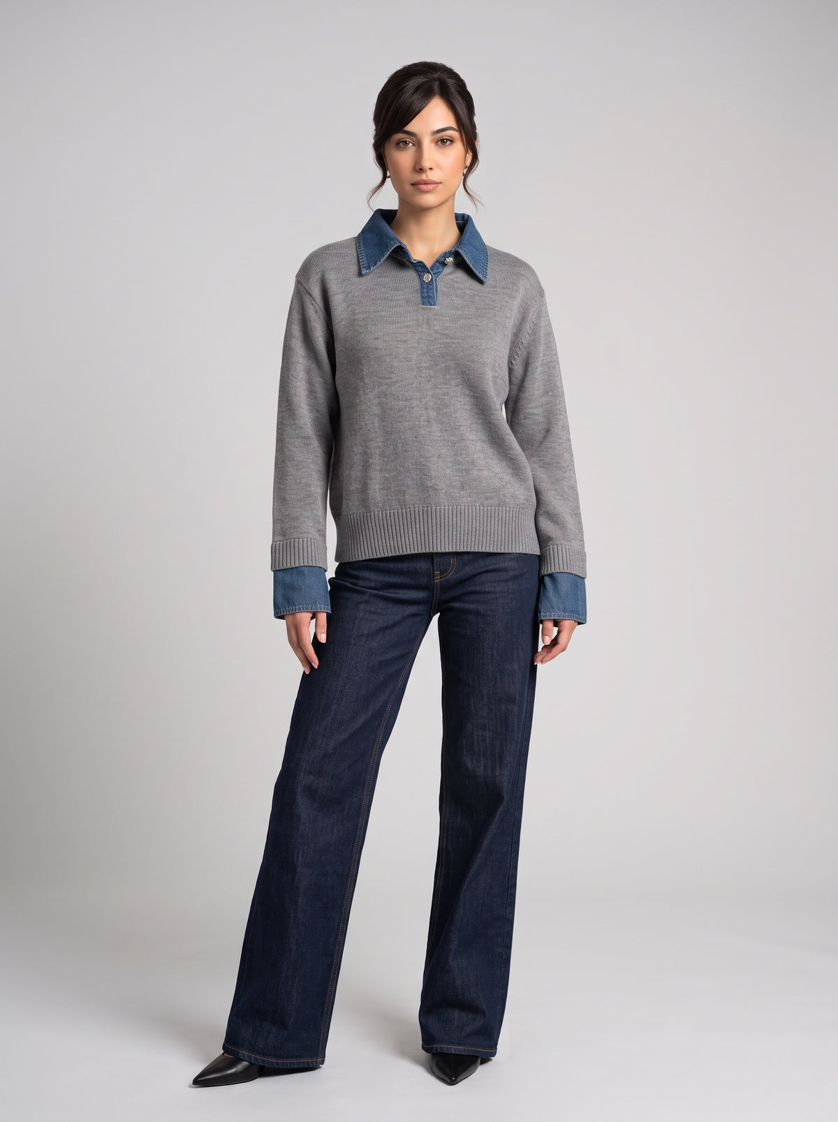 Pull en Maille à Col Polo & Détails Denim