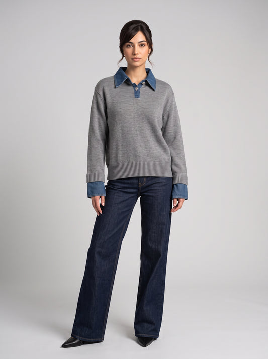 Pull en Maille à Col Polo & Détails Denim