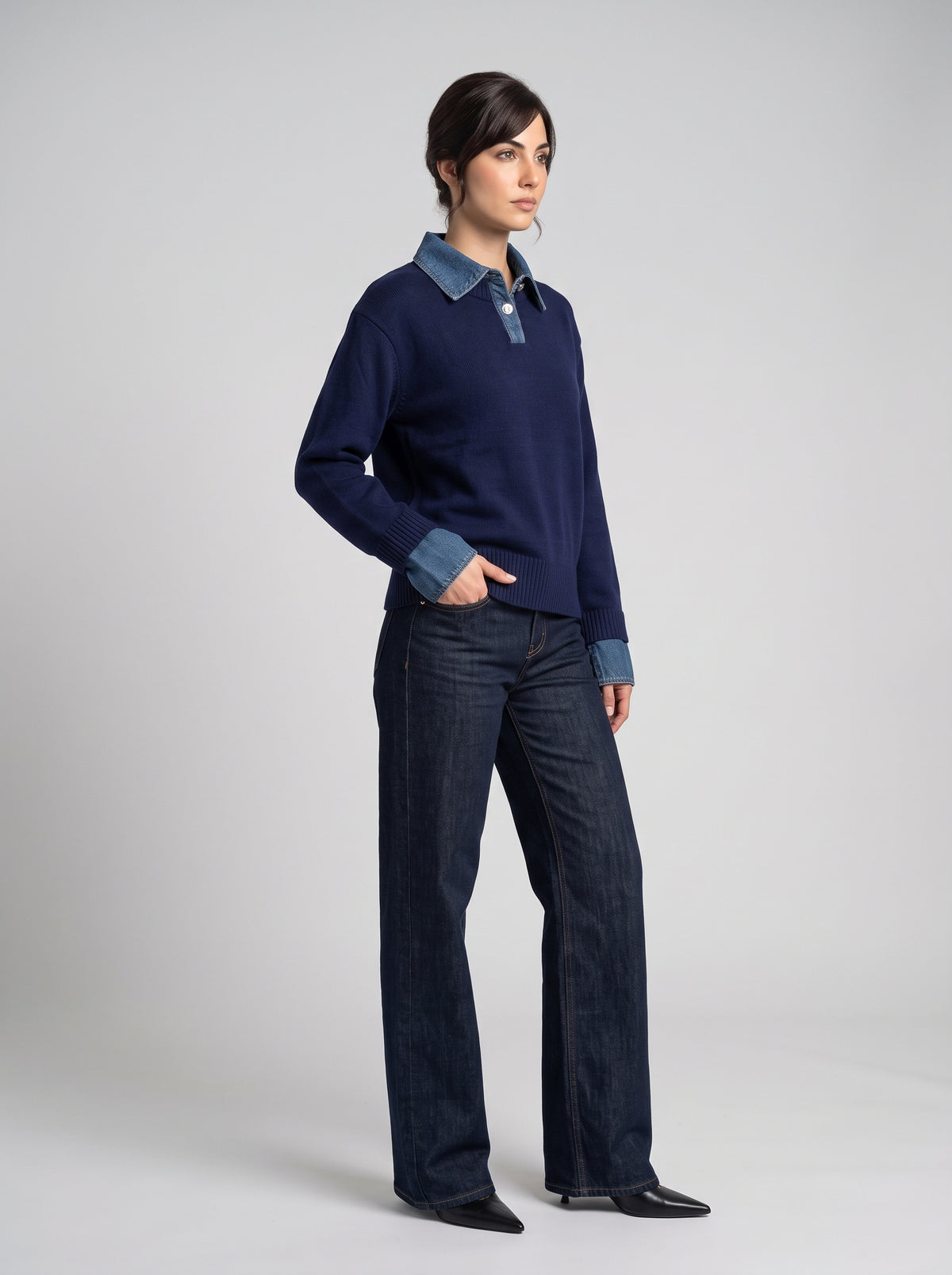 Pull en Maille à Col Polo & Détails Denim