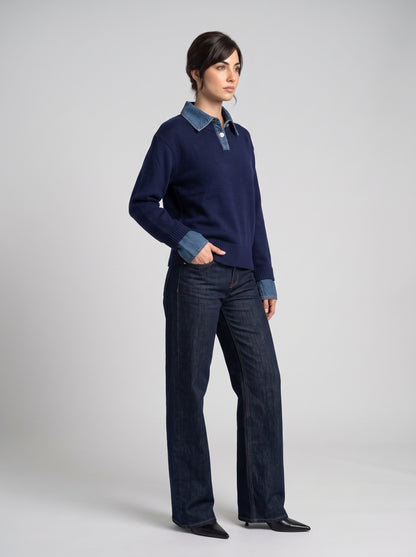 Pull en Maille à Col Polo & Détails Denim