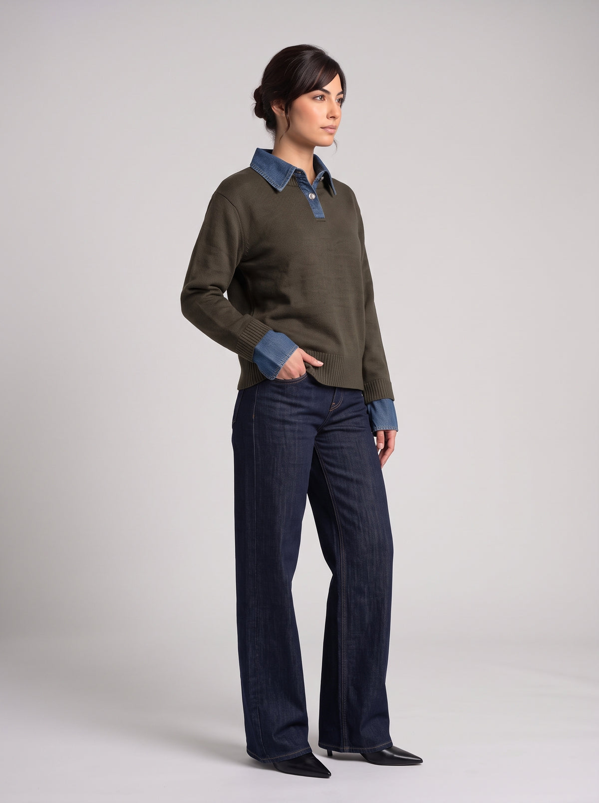 Pull en Maille à Col Polo & Détails Denim