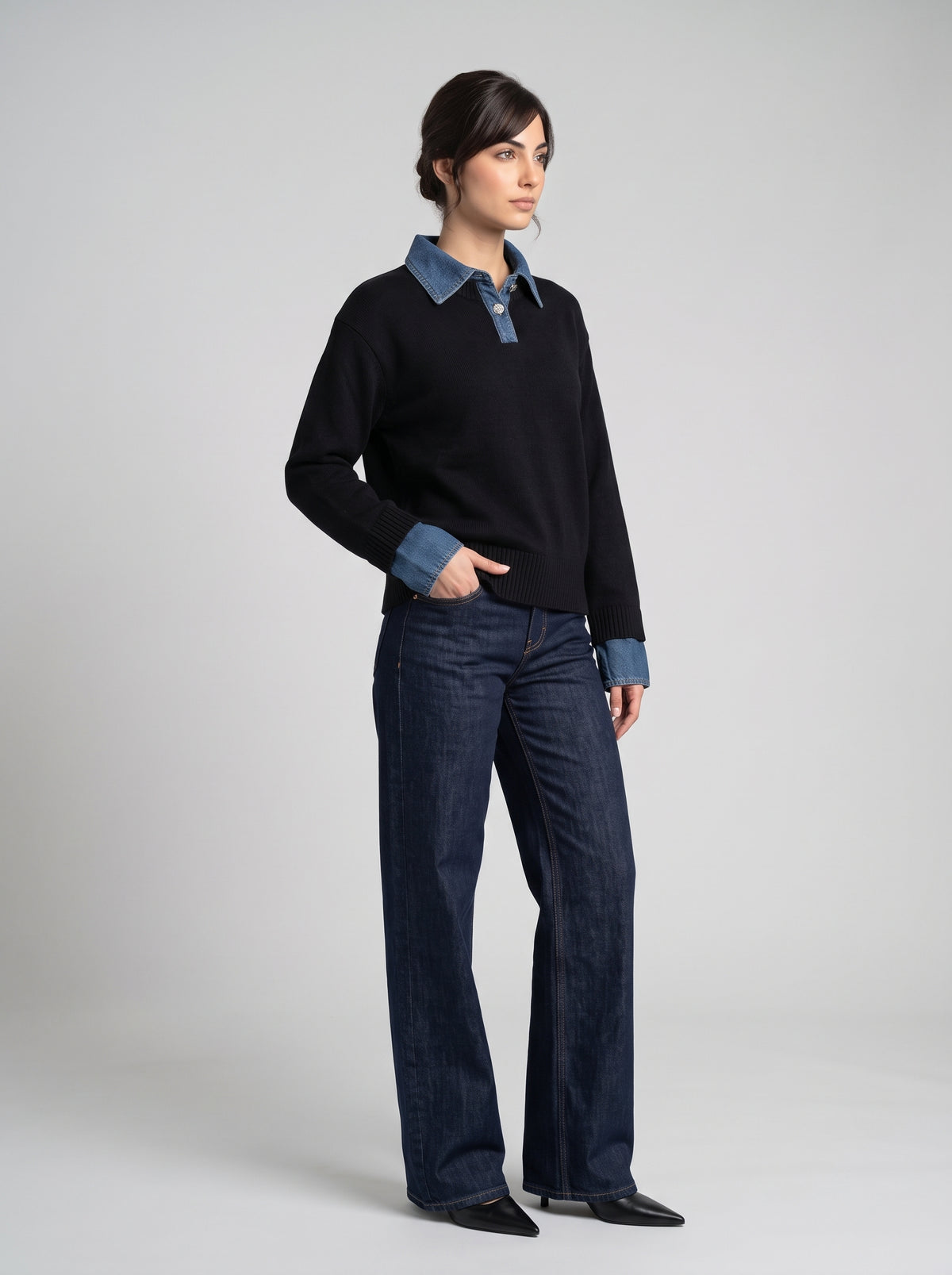 Pull en Maille à Col Polo & Détails Denim
