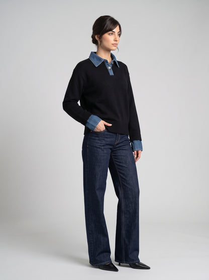 Pull en Maille à Col Polo & Détails Denim