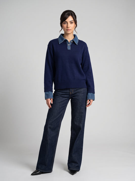 Pull en Maille à Col Polo & Détails Denim