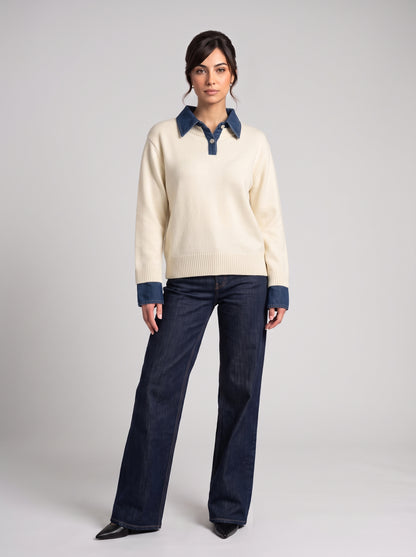 Pull en Maille à Col Polo & Détails Denim