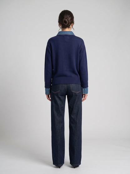 Pull en Maille à Col Polo & Détails Denim