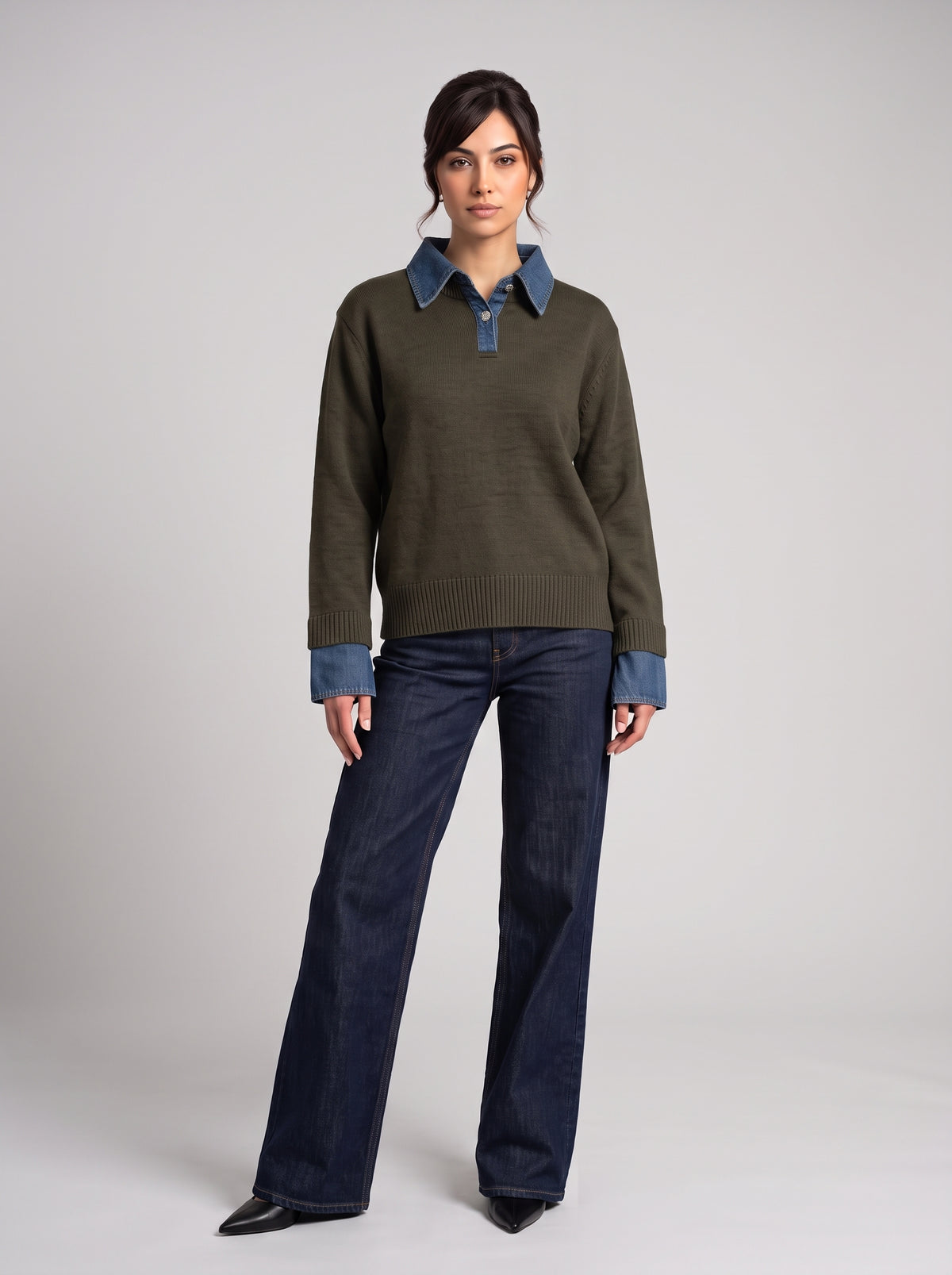 Pull en Maille à Col Polo & Détails Denim