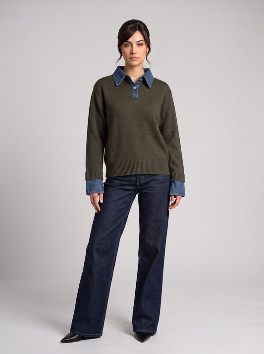 Pull en Maille à Col Polo & Détails Denim