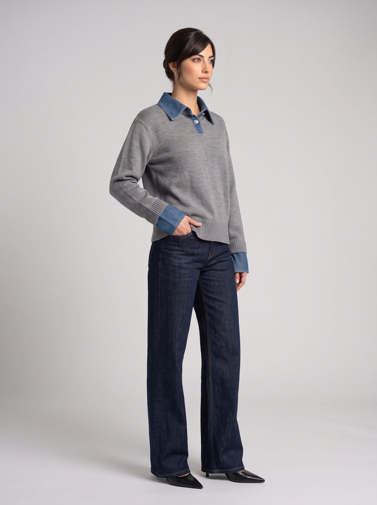Pull en Maille à Col Polo & Détails Denim