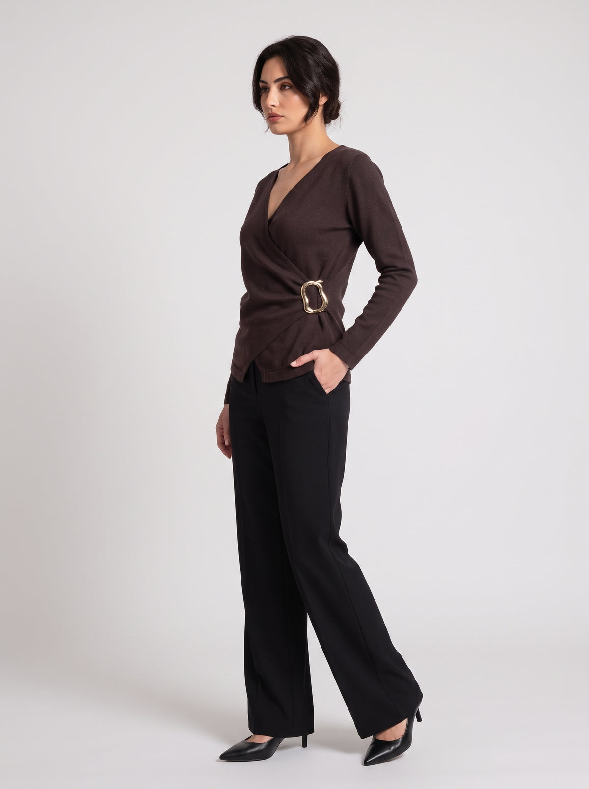 Pull En Maille Cache-Cœur À Boucle Dorée