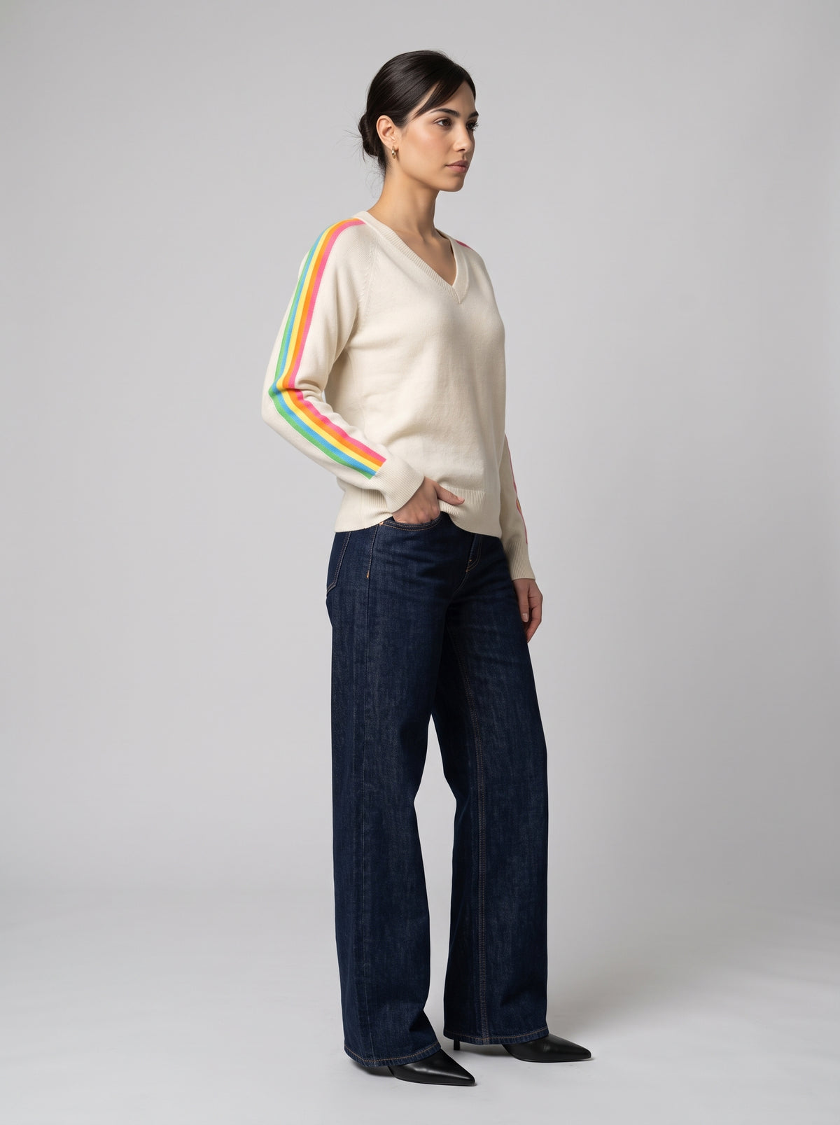Pull En Maille Col V À Rayures Colorées