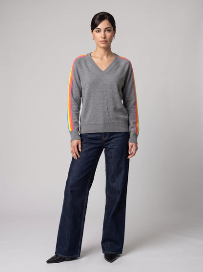 Pull En Maille Col V À Rayures Colorées